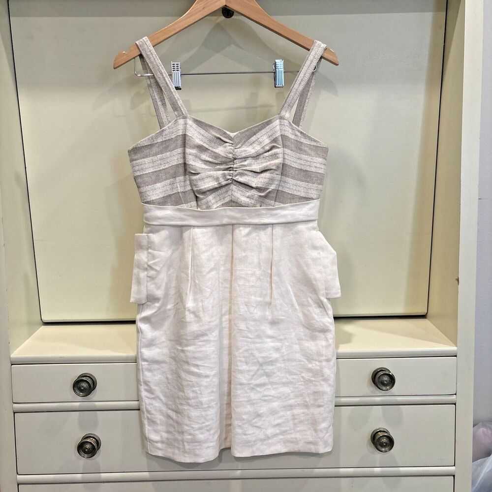 Cooper By Courtney Warren Cream Tan Stripe Linen Summer Mini Dress with Pockets